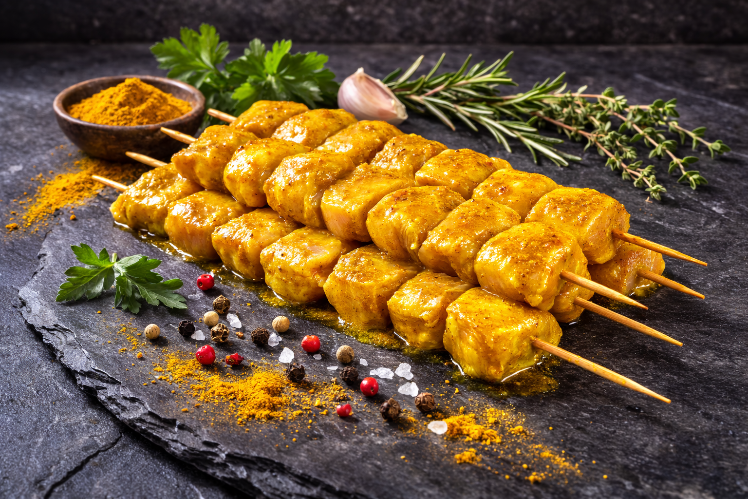 Brochettes de poulet marinées au curry